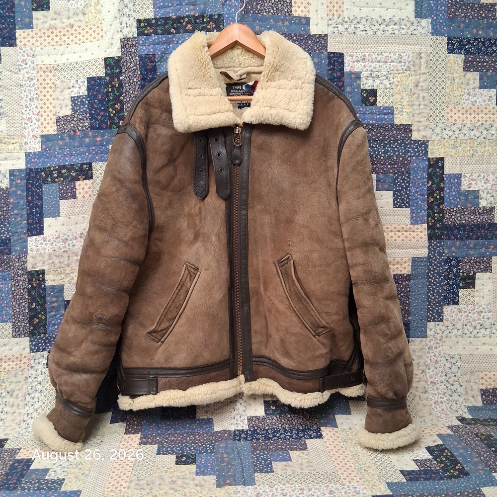 Vintage Schott Bros Type B-3 Sheepskin Leather Flight Jacket Mens XL Brown USA